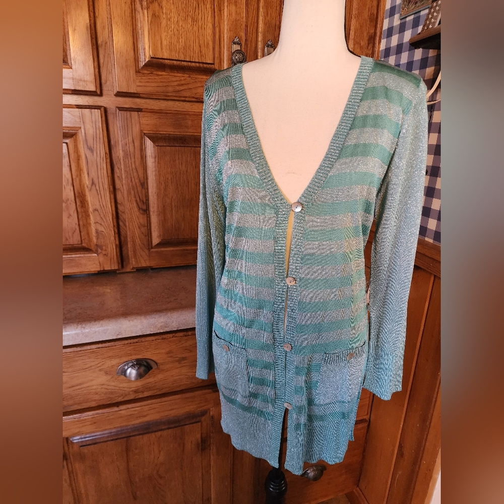 Adolfo Long Sleeve Mint Green/Silver Striped Cardigan Size S NWT